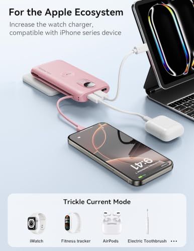 Portable Charger 10000mAh 20W, Wall Plug, 2 Cables, iWatch Charging - color: Bloom Pink