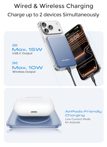 Aobbow for MagSafe Power Bank 5000mAh, Ultra Slim Wireless Portable Charger | 0.4" Ultra Slim Travel Essential Battery Pack, 50% Smaller Magnetic Power Bank, Fast Charging for iPhone 17–12, Blue - color: Blue