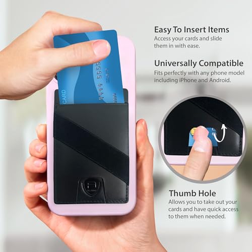Alban Leather Stick On Cell Phone Wallet with Finger Strap, Phone Pocket Case for Credit Card, ID, Cash - Strong Adhesive, RFID Blocking, Compatible with Most Phones