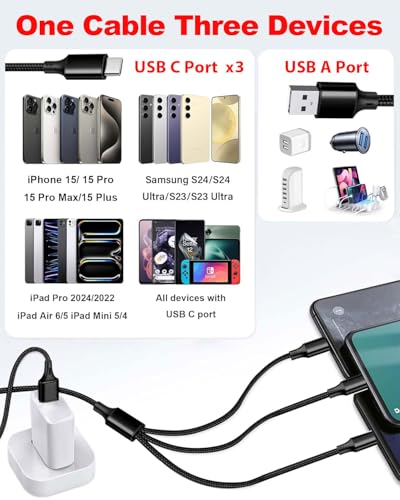 Awnuwuy Multi 3 in 1 USB C Cable 6.6FT 2Pack,Charge 3 Phones Simultaneously - color: Black 3USB-C, size: 6.6FT