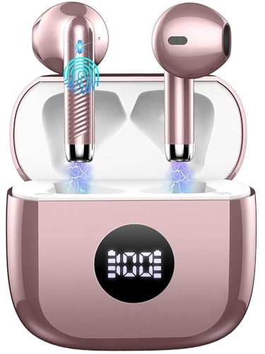 Wireless Earbuds, Bluetooth 5.4 Ear Buds, LED Power Display, 6D Bass Stereo - color: Rose Gold