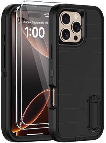 for iPhone 16 Pro Case with Screen Protector,Built-in Invisible Kickstand,Heavy Duty Shockproof Drop Protection Military Grade Tri-Layer Rugged Durable Cell Phone Cover for Apple 16 Pro 6.3" (Black - color: Black