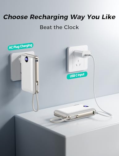 Portable Charger 50000mAh with Built-in Cables and AC Wall Plug, 22.5W Fast Charging Power Bank with LED Display for iPhone 17/16, Samsung, Android Devices, Camping, Road Trips and Travel, White - color: White
