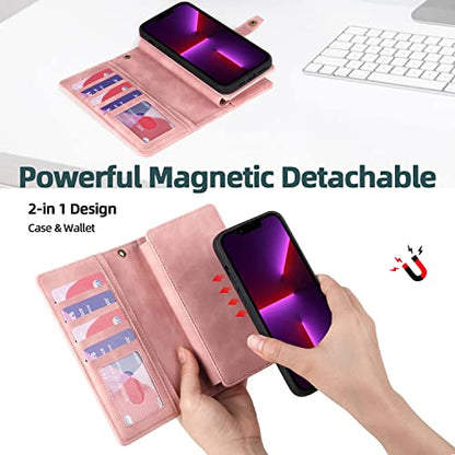 TwoHead for iPhone 11 Wallet case with 11 Card Holder (Pink) | Detachable Magnetic Phone Case, PU Leather Wallet for Women/Men,Wireless Charging Compatible,with Wrist Strap - color: Pink