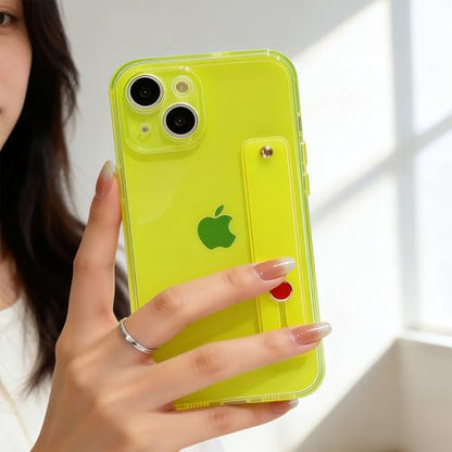 Strap Case for iPhone 15 with Stand, Neon Green | Wrist Strap Kickstand, Adjustable Finger Hand Grip Loop, Slim Transparent Anti-Scratch Back, Soft Bumper Phone Cover - color: Neon Green, size: iPhone 15