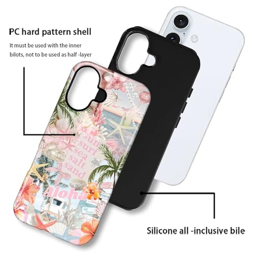 Case for iPhone 16 Plus, Cute Phone Case, Aloha Summer Collage | Hybrid 2-Layer Phone Cover，Military-Grade Protection Durable Shockproof Anti-Scratch Cases - color: Pink Aloha Summer Collage, size: Iphone 16 Plus