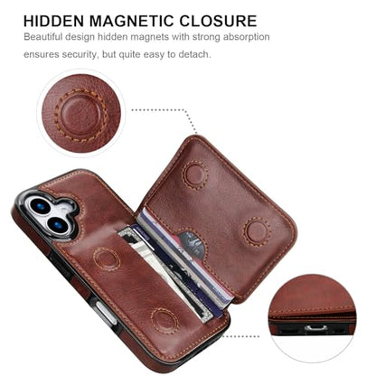 KIHUWEY Compatible with iPhone 17 Wallet Case Credit Card Holder, Premium Leather Kickstand Flip Hidden Magnetic Clasp Durable Shockproof Protective Cover for iPhone 17 6.3 inch (Brown) - color: Brown