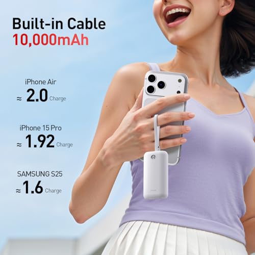 iWALK Mini Portable Charger 10,000mAh, 22.5W USB-C Fast Charging Power Bank with Built-in Cable, Travel Essential Ultra-Small Battery Pack Compatible for iPhone 17/16/16 Pro/15, Samsung, Google, White - color: White 22.5W