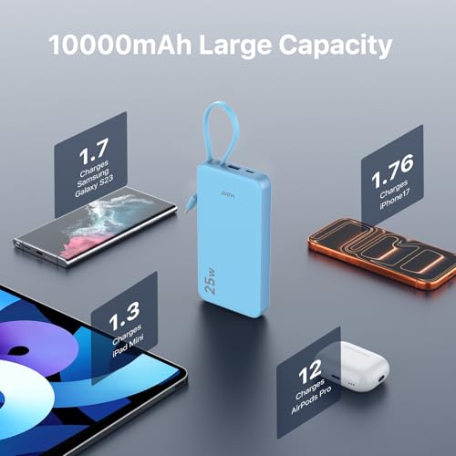 JUOVI 25W Portable Charger 10000mah Power Bank Built-in USB-C Cable - color: Blue