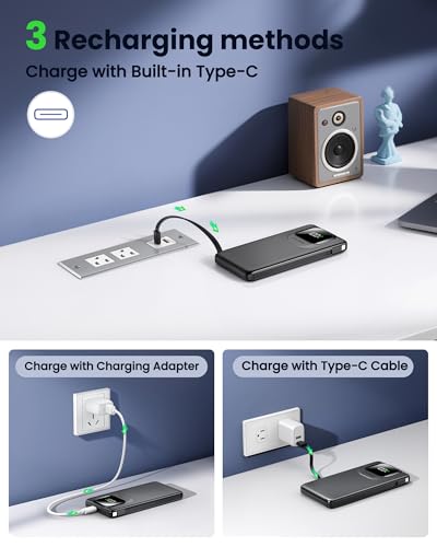 Portable Charger with Built-in Cables,22.5W Super Fast Charging Power Bank Slim Phone Charger,10000mAh Travel Battery Pack Battery Bank with Smart LED Display for iPhone, Android & USB-C - color: Black