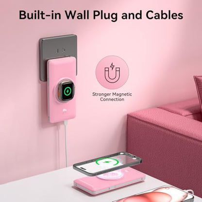Magnetic 10000mAh Portable Charger for iWatch & iPhone, PD Fast Charging Wireless Power Bank Built-in Cables and Wall Plug, External Travel Battery Pack Compatible with iOS Android Phones - color: Sakura Pink