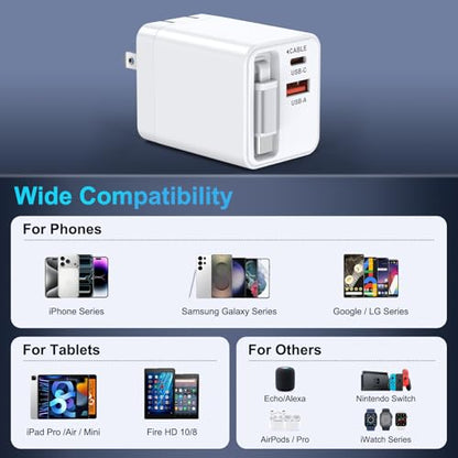 USB C Retractable Wall Charger with Foldable Plug,35W PD&QC Fast Charging Block with 3FT Retractable USB C Cords for iPhone 17 18 Pro Max/17/Air/16/16 Pro/15 Plus/Samsung Galaxy S25/S24/Pixel 10/9/8