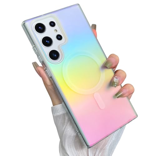 Cute Case for Samsung Galaxy S23 Ultra Case, Gradient Iridescent | Compatible with Magsafe, Aesthetic Girly Translucent Blue & Pink Glitter Rainbow Magnetic Phone Cover for Women Girls - color: Gradient Blue & Pink, size: Samsung Galaxy S23 Ultra