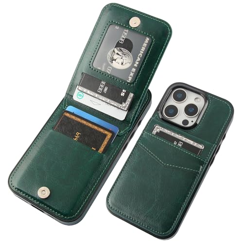 KIHUWEY for iPhone 16 Pro Wallet Case Card Holder Kickstand, Dark Green | Credit Card Slots, PU Leather, Magnetic Clasp, Flip Heavy Duty Protection Cover for Men and Women - color: Dark Green