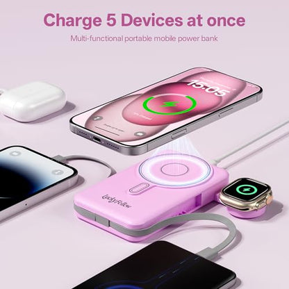 Magnetic Portable Charger Built-in Cables,10000mAh Fast Charging Wireless Charger Station External Battery Pack Slim Pocket Size Power Bank with Stand Compatible with iWatch, iPhone - color: Purple