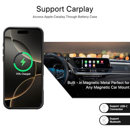 Battery Case for iPhone 16 Pro,2024Upgraded 10000mAh High Capacity Rechargeable Portable Extended Charger Case Wireless Charging Compatible with iPhone 16 Pro (6.3 inch) Charging Case &Carplay (Black) - size: iPhone 16 Pro (6.3 inch)