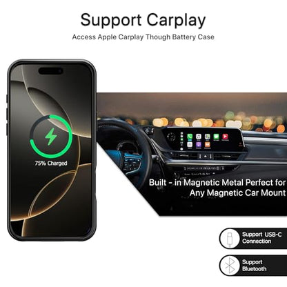 Battery Case for iPhone 16 Pro,2024Upgraded 10000mAh High Capacity Rechargeable Portable Extended Charger Case Wireless Charging Compatible with iPhone 16 Pro (6.3 inch) Charging Case &Carplay (Black) - size: iPhone 16 Pro (6.3 inch)