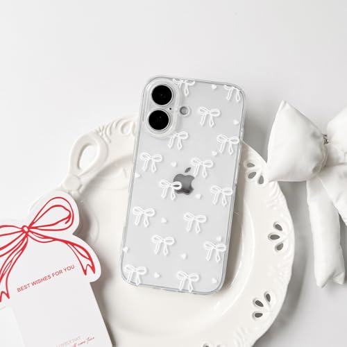 NITITOP Compatible with iPhone 16 Case Clear Cute Bow Ribbon Love Heart Pattern for Women Girls Bowknot Full Camera Lens Soft TPU Slim Shockproof Protective Cover - White - color: White, size: iPhone 16