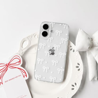 NITITOP Compatible with iPhone 16 Plus Case Clear Cute Bow Ribbon Love Heart Pattern for Women Girls Bowknot Full Camera Lens Soft TPU Slim Shockproof Protective Cover - White - color: White, size: iPhone 16 Plus