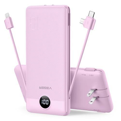 VEGER Portable Charger for iPhone, Power Bank Built in Cables and Wall Plug - color: E Purple