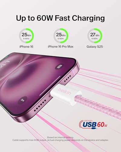 Belkin USB C to USB C 60W Braided Cable 2 Pack, 9.9ft iPhone Charger Cord - color: Pink, style: 9.9 ft - 2 pack