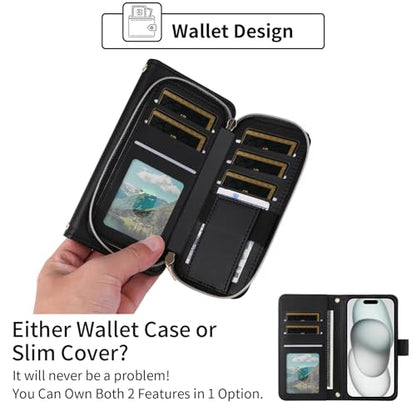 Wallet Case for iPhone 14 Plus 6.7 inch with Wrist Strap, Shoulder Strap, 9+ Card Slots Leather Stand Cell Phone Cover for i-Phone 14+ iPhone14Plus 5G i i14 + iPhone14 14Plus Women Black | Wrist/Shoulder Strap, Card Slots, PU Leather Stand, Cell Phone Cov