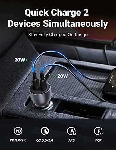 UGREEN USB C Car Charger, 40W Type C Car Charger Dual PD 20W Fast Car Charger Adapter Compatible with iPhone 16/15/14/13/12/11, iPad Pro/Mini/Air, Galaxy S23/S22/S21/S20/S10/Note 20, Pixel 5/4/3