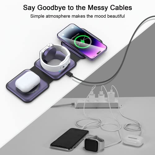 3 in 1 Wireless Charging Station for Apple,Foldable Magnetic Travel Charger - color: deep purple