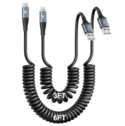 iPhone Charger Cable for Car [3FT+6FT], Coiled Lightning Cable 2 Pack-Black - color: Black, size: 3FT+6FT, style: USB A to Lightning