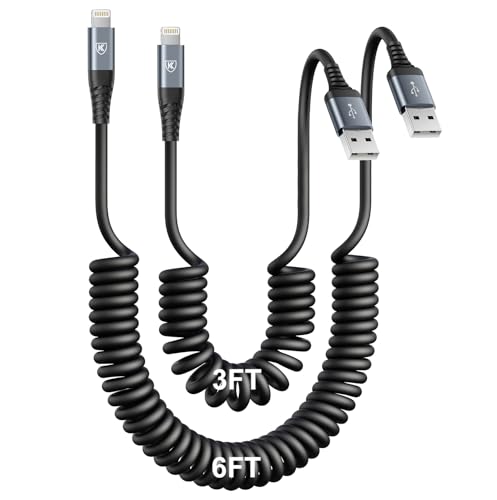 iPhone Charger Cable for Car [3FT+6FT], Coiled Lightning Cable 2 Pack-Black - color: Black, size: 3FT+6FT, style: USB A to Lightning