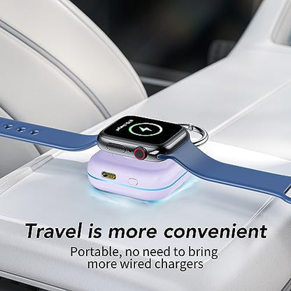 Portable Travel Charger for Apple Watch Series 8,Wireless iWatch Charger 1200mAh Power Bank with Charging Cable, Purse Keychain Smart Chargers for Apple Watch Series 11/10/9/8/7/6/SE/5/4/3/2/1/UItra - color: Purple