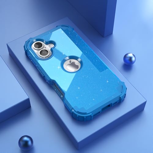 IDweel for iPhone 16 Case with Screen Protector for Women,Luxury 3 in 1 Shockproof Slim Fit Hybrid Heavy Duty Hard PC Cover Soft Silicone Bumper Full Body Anti-Fingerprint Case,Glitter Sky Blue - color: Glitter Sky Blue