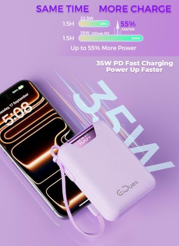M2 Portable Charger, 20000mAh Power Bank, PD 35W Ultra Fast USB-C Built-in Cable, Compact Cute Mini External Battery Pack for iPhone, Samsung, Android iPad (Purple) - color: Purple