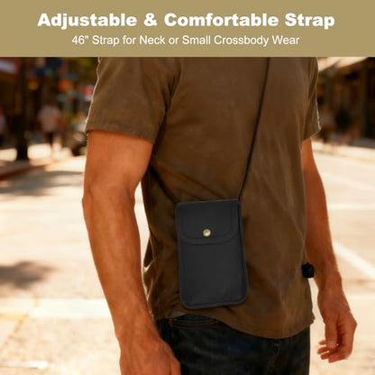 Cell Phone Pouch for Around the Neck Black PU Leather Necklace Holder with Adjustable Lanyard Flip Case and Carrier for Small Travel Purse and Credit Card Holder Hands-Free Mobile Bag