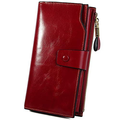 YALUXE Women's Real Leather Wallet RFID Protect 21 Card Slots Phone Pocket - color: 2- Waxed Red, size: Genuine Leather
