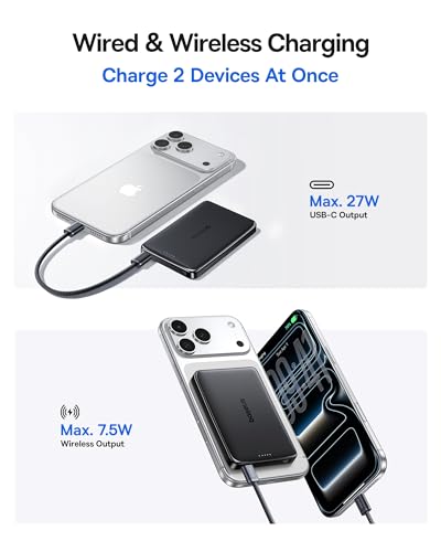 Baseus Picogo Power Bank, 0.5" Ultra Slim 10000mAh MagSafe Portable Charger, Upgraded CCC Certified 27W Fast Charging Magnetic Battery Pack, Alloy Wireless Charger for iPhone 17/16/15/14/13/12 - color: Polished Cosmic Black