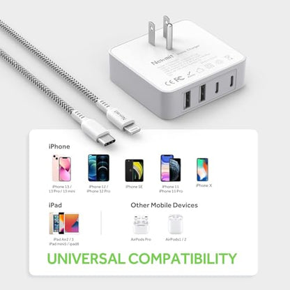 Nekmit USB C Charger, 52W 4-Port Thin Flat Fast Wall Charger with 6.6FT USB-C to Lightning Cable, Two 20W Power Delivery and 2 USB Port for iPhone 13/13 Pro/13 Pro Max, iPad Pro, AirPods Pro - color: White(with cable)