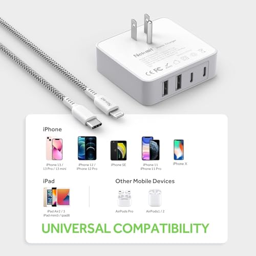 Nekmit USB C Charger, 52W 4-Port Thin Flat Fast Wall Charger with 6.6FT USB-C to Lightning Cable, Two 20W Power Delivery and 2 USB Port for iPhone 13/13 Pro/13 Pro Max, iPad Pro, AirPods Pro - color: White(with cable)