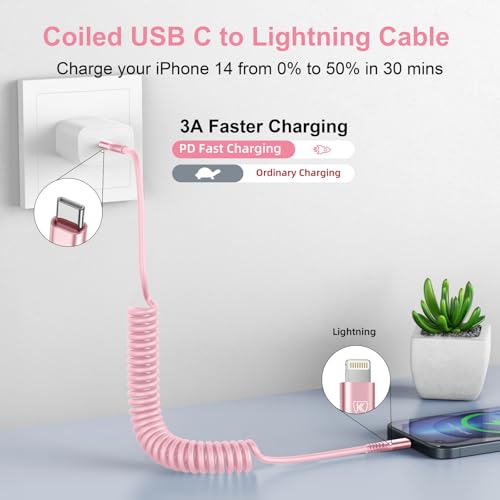 USB C to Lightning Cable 3FT for Car, Coiled iPhone Charger Fast Charging - color: Pink, size: 3FT, style: Usb C to Lightning