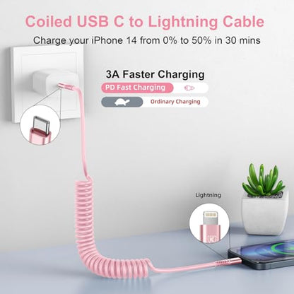 USB C to Lightning Cable 3FT for Car, Coiled iPhone Charger Fast Charging - color: Pink, size: 3FT, style: Usb C to Lightning