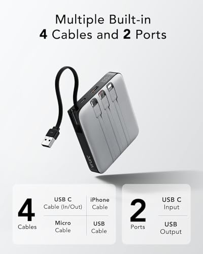20000mAh Power Bank with 4 Built-in Cables, Travel Essentials, Grey(1 Pack) - color: Grey