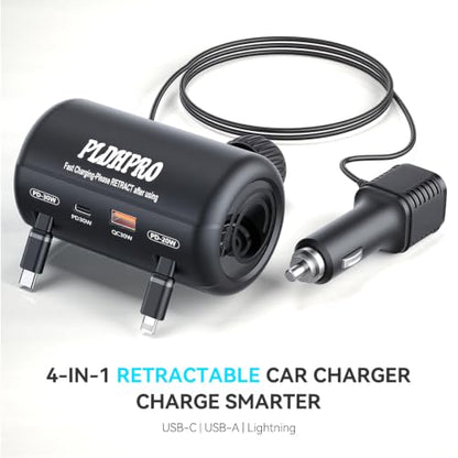 PLDHPRO Multi Port Car Headrest Retractable Charger 4 in 1 Charging Station Dock for Lfyt Turo Ride Share Customers, Vehicle Backseat Accessories for Driver Fit Galaxy, iPhone, Andriod Devices - size: 4 IN 1-with Car Charger