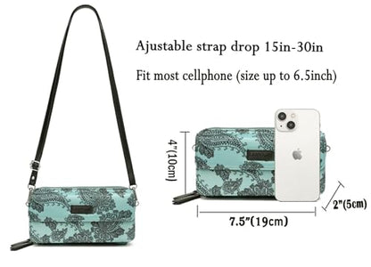 RFID Crossbody Wallet Wristlet Purse with Phone Pocket For Women Vegan Leather - color: Zi-paisley Qurquoise