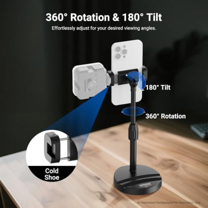 NEEWER ENTRY LEVEL VERSION Cell Phone Stand for Desk, Adjustable Office Bed Table Phone Holder Mount Compatible with iPhone Samsung Android for Video Recording Filming, 360° Rotation & 90° Tilt, DS030 - style: DS030