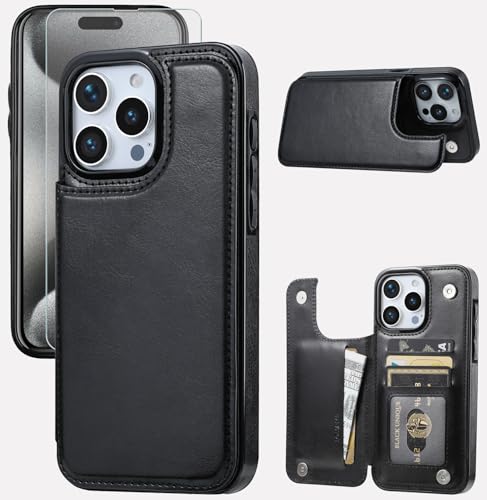 Wallet Case Compatible with iPhone 15 Pro Max(6.7"),Slim Protective case with Card Holder with 1 Screen Protective Glass,Premium PU Leather Kickstand Card Slots Case-Black - color: Black