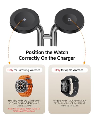 SwanScout Dual Watch Charger Stand, The Left Side Only for Samsung Watch 8/8 Classic/Ultra/7/6/6 Classic/5 Pro/5/4, The Right Side Only for Apple Watch 11/9/8/7/6/Ultra 3/SE 3, SwanScout 704D (Black)