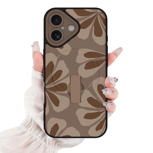 for iPhone 16 Case Brown Cute Petals Floral Pattern | [Compatible with Magsafe] with Finger Hand Strap Kickstand Case for Girls Women Shock Scratch Protection Phone case - color: Brown / Floral Petal, size: iPhone 16