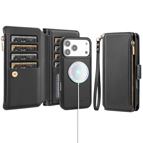 Antsturdy Compatible with MagSafe iPhone 17 Pro Max Wallet Case,Black | Detachable Magnetic Credit Card Holder,RFID Blocking,PU Leather Zipper Purse,Wrist Strap Kickstand,Flip Phone Cover for Women - color: (Detachable with Magsafe)-Black