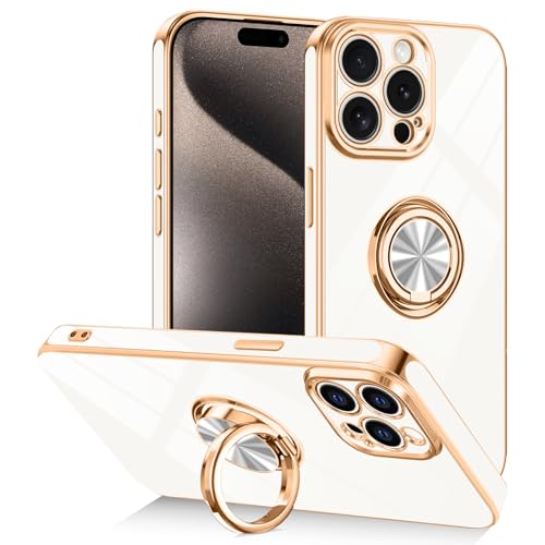 Designed for iPhone 15 Pro Case with Ring Stand Slim White | 360° Rotatable Finger Holder, Support Magnetic Car Mount, Soft TPU Electroplated, Full Lens Protection, Shockproof Phone Case - color: White, size: 6.1'' iPhone 15 Pro