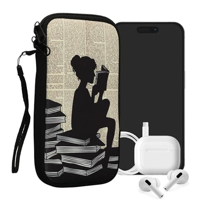 kwmobile Neoprene Sleeve for Smartphone Size XXL - 7" - Shock Absorbing Pouch Case - Protective Phone Bag - Girl and Books Black/Beige - style: Girl and Books 01-11